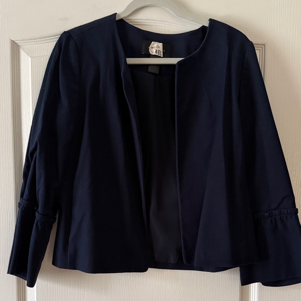 Ann Taylor Factory Navy Open-Front Ruffle-Sleeve Jacket